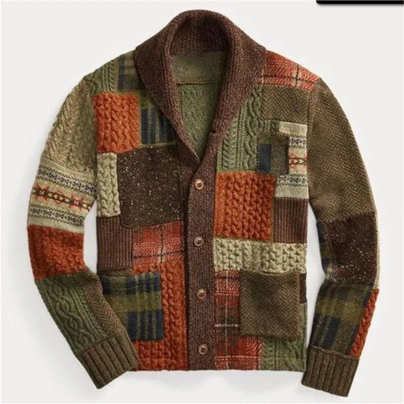 Men's Patch Color Matching Sweater Casual Cardigan Coat