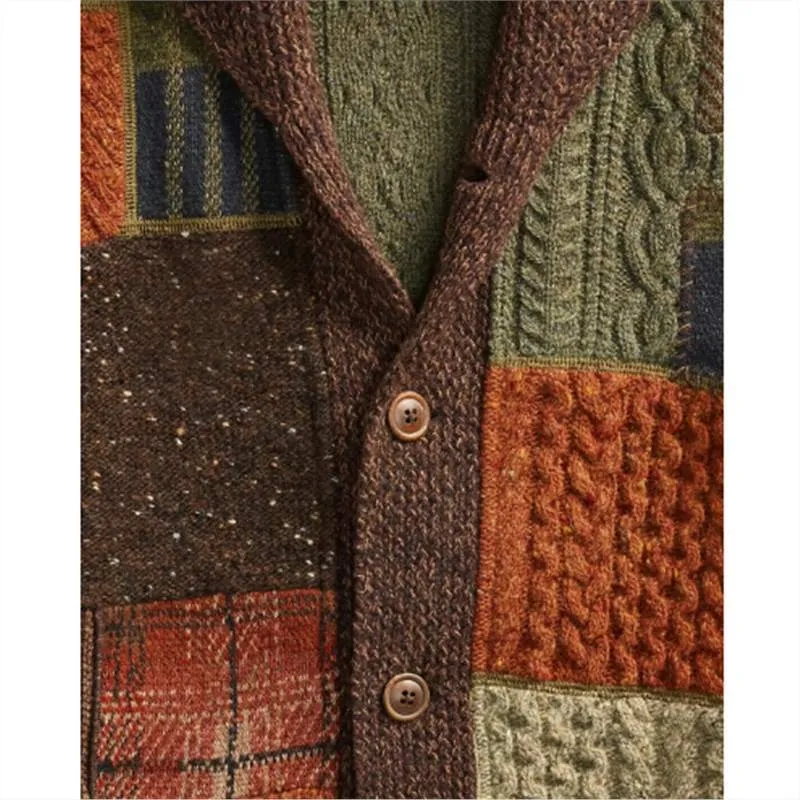 Men's Patch Color Matching Sweater Casual Cardigan Coat