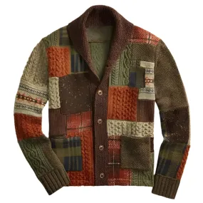 Men's Patch Color Matching Sweater Casual Cardigan Coat