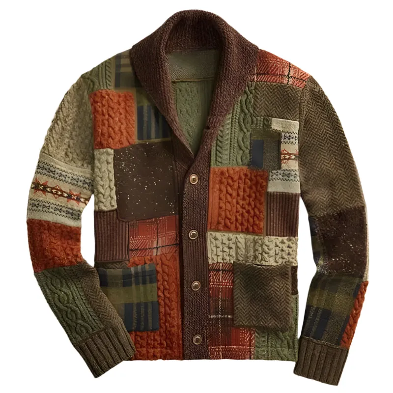 Men's Patch Color Matching Sweater Casual Cardigan Coat