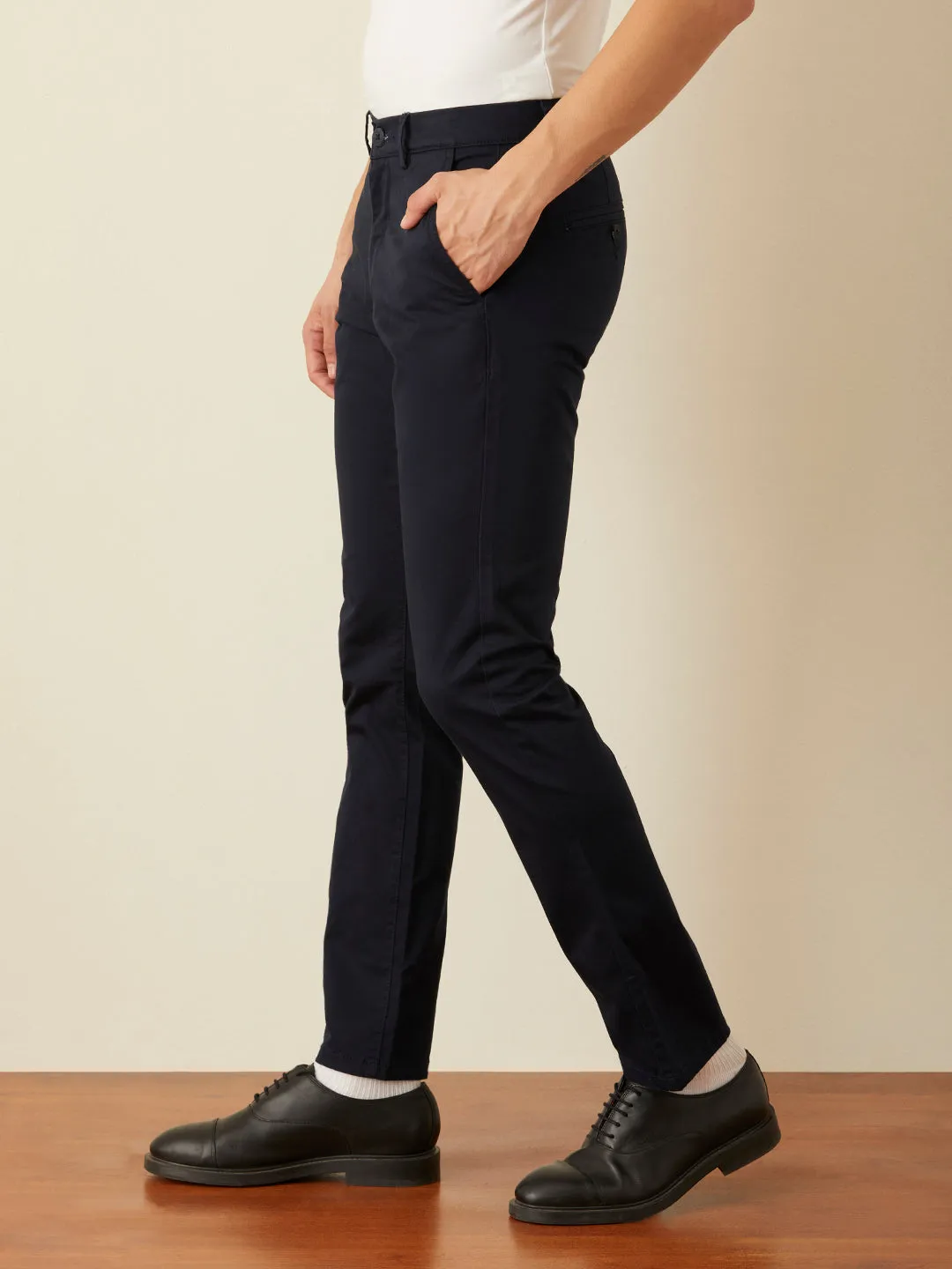 Navy Blue Plain Slim Fit Trousers