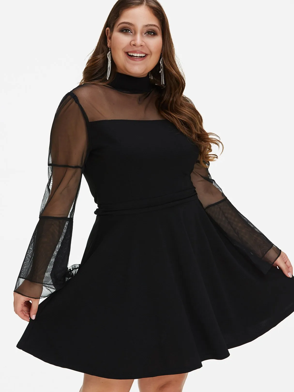 OEM ODM Classic Collar Plain See Through Long Sleeve Black Plus Size Dress