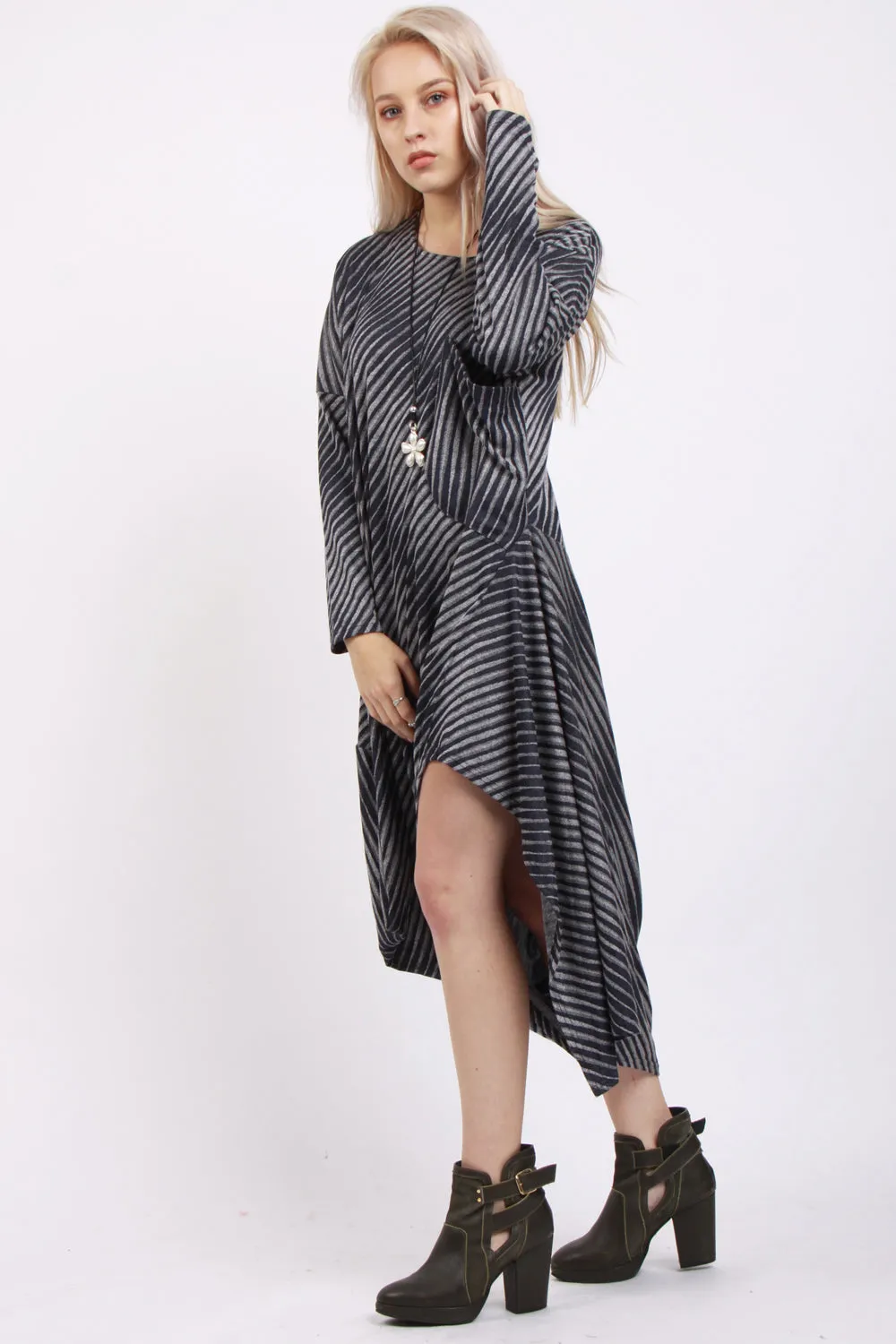 Oversized Stripe Side Slit Classic Jumper Dress in Black