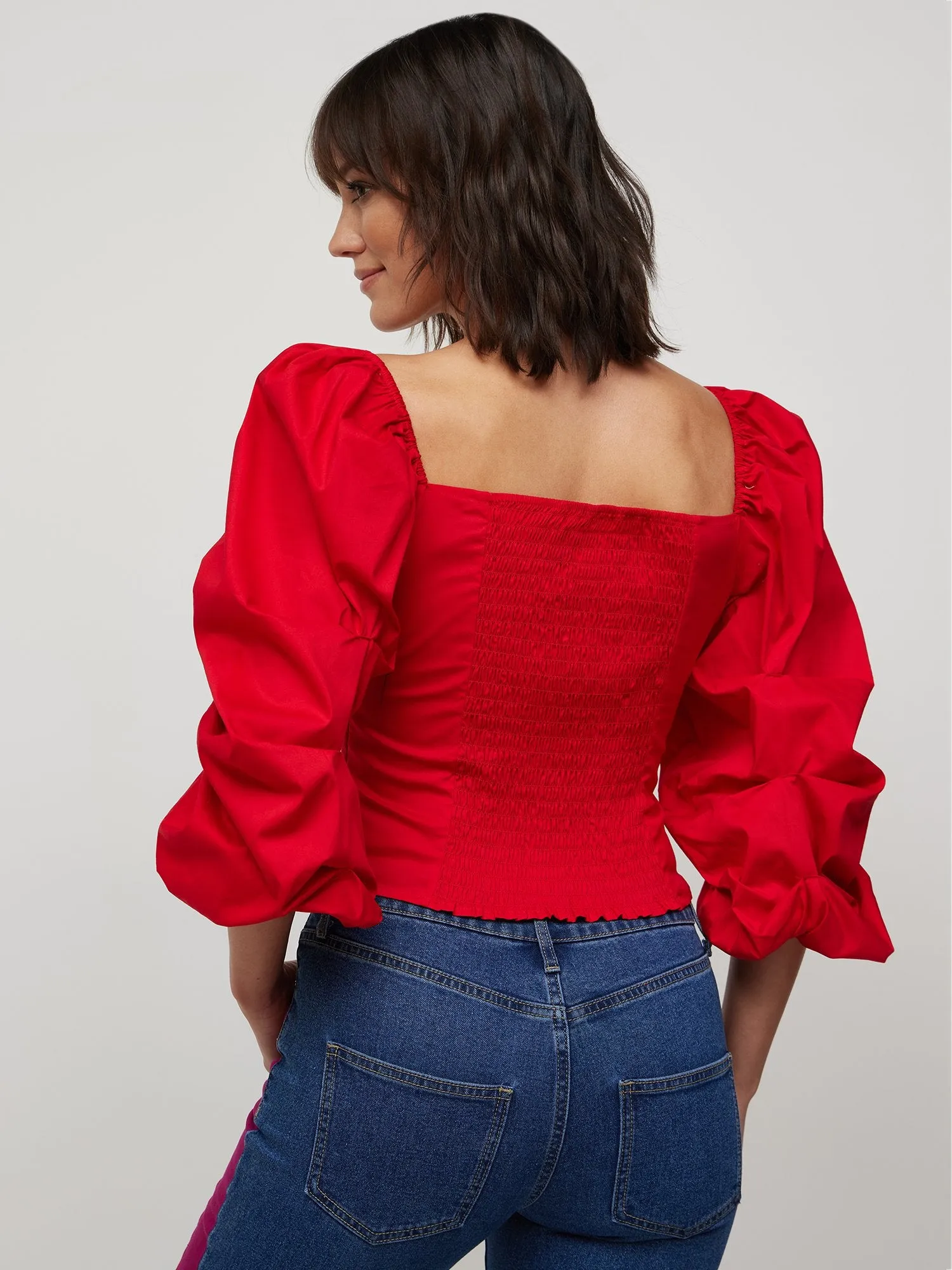 Puff-Sleeve Sweetheart-Neck Poplin Top