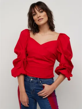 Puff-Sleeve Sweetheart-Neck Poplin Top