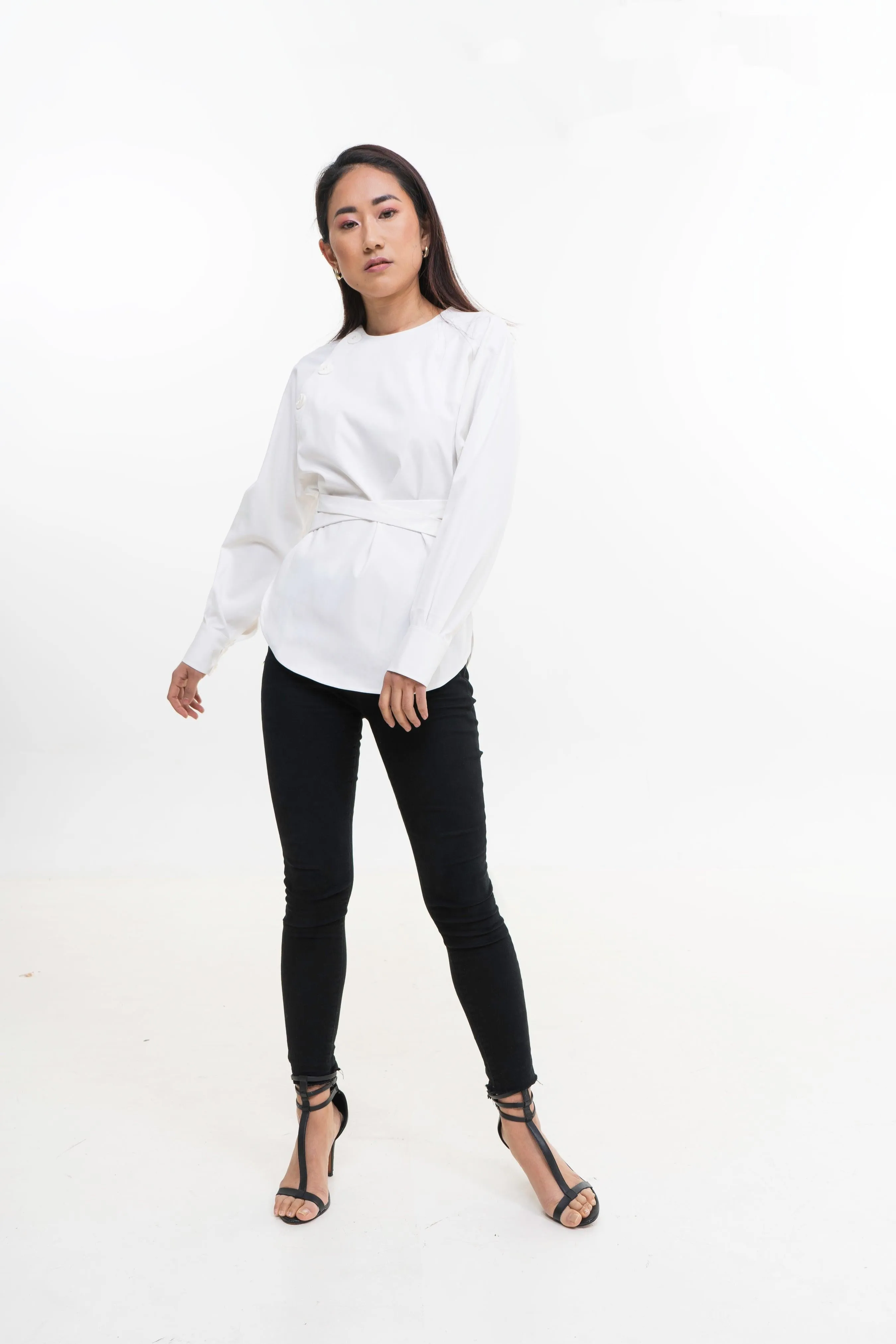 Sarah Belted White Long Sleeves Shirt for Women