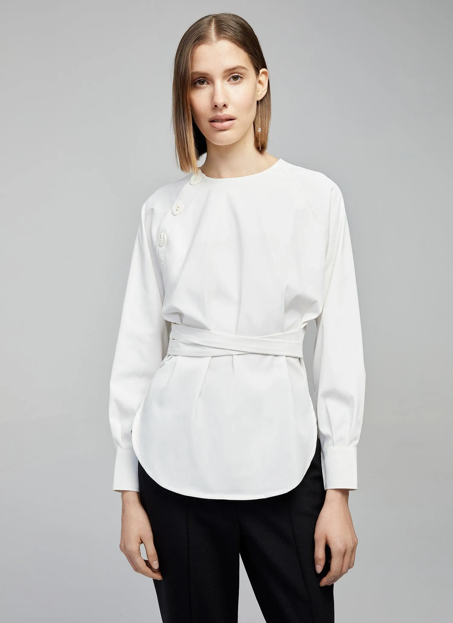 Sarah Belted White Long Sleeves Shirt for Women