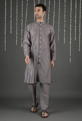 Set Of 2: Evak Grey Chanderi Kurta & Straight Pants