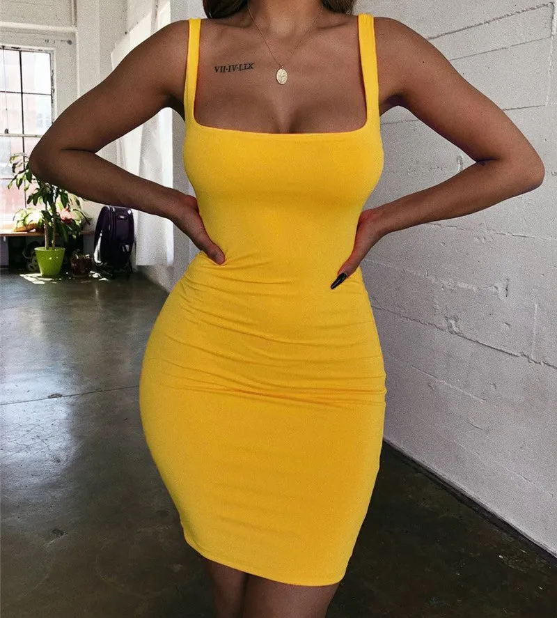 Sexy Low Cut U-Neck Minimalist Tank Top Europe Pencil Dress Solid Colored Skirt Women Dress