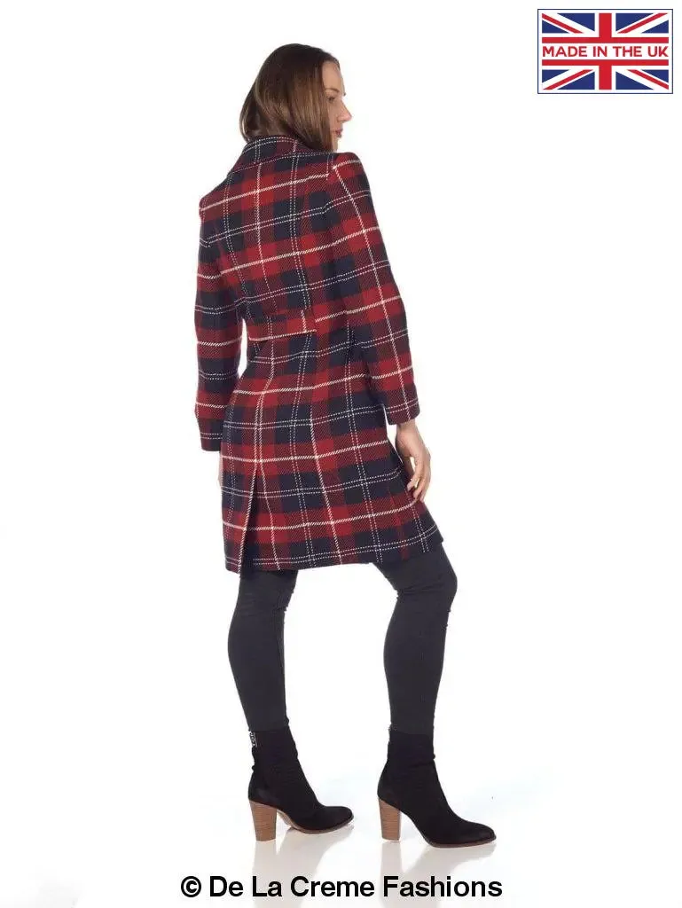 Wool Blend Tartan Check Double Breasted Coat