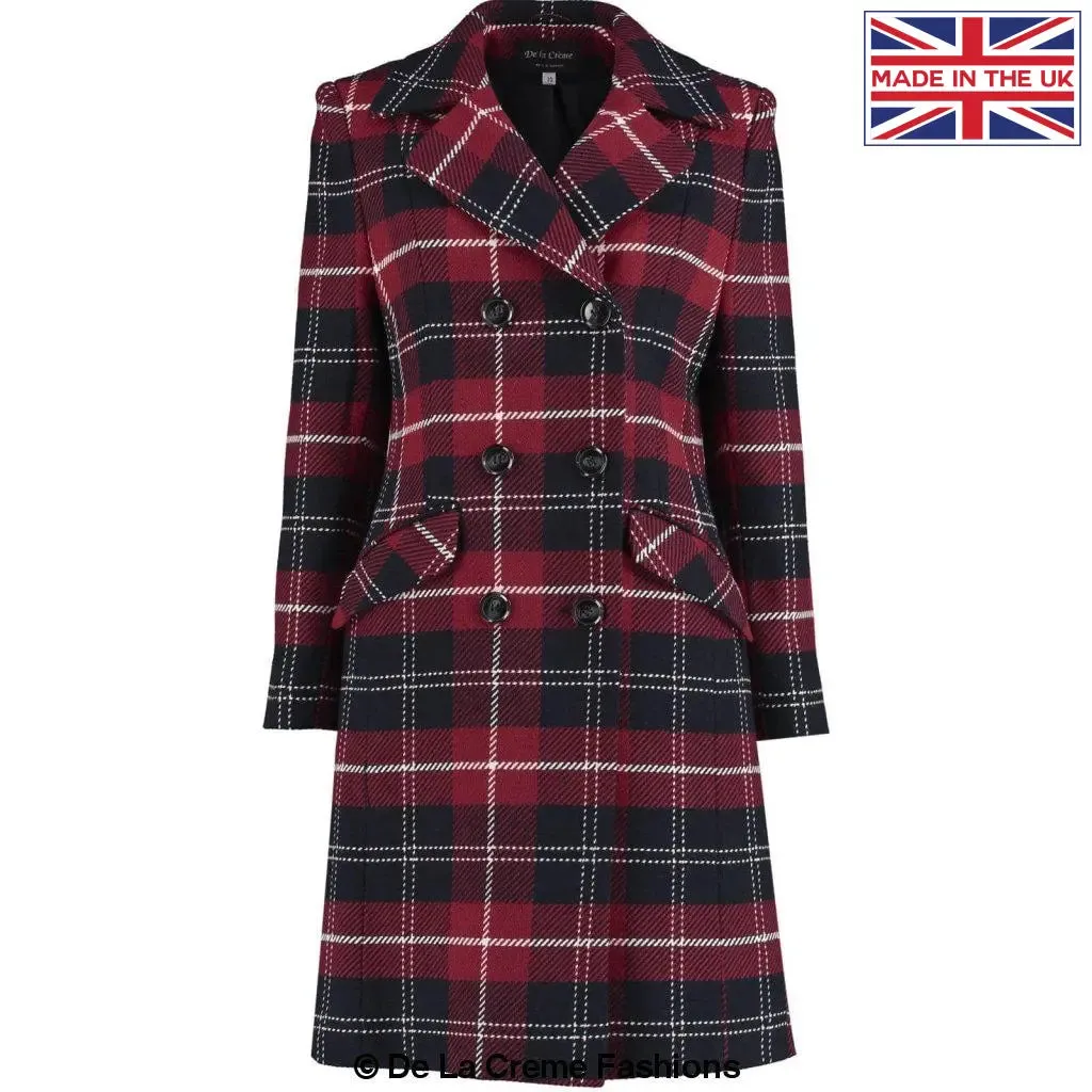 Wool Blend Tartan Check Double Breasted Coat