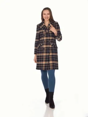 Wool Blend Tartan Check Double Breasted Coat