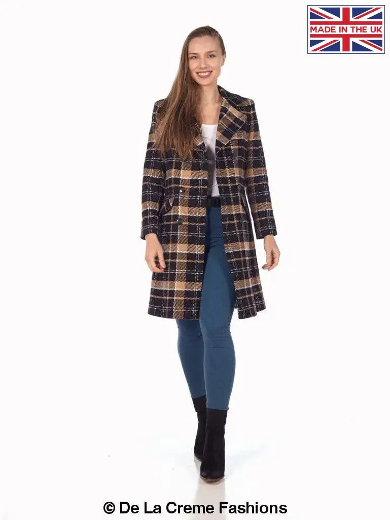 Wool Blend Tartan Check Double Breasted Coat