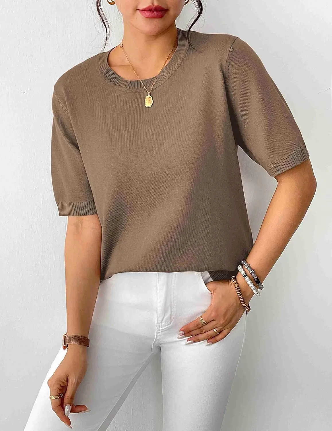 Zeagoo Womens Sweaters Short Sleeve Top Casual Knit Tops