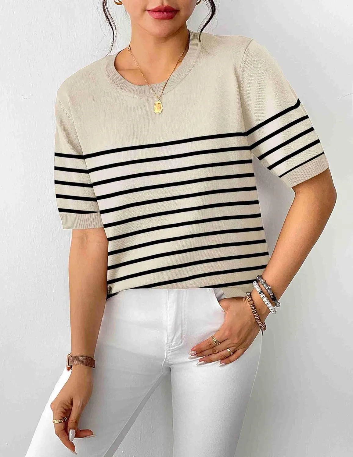 Zeagoo Womens Sweaters Short Sleeve Top Casual Knit Tops