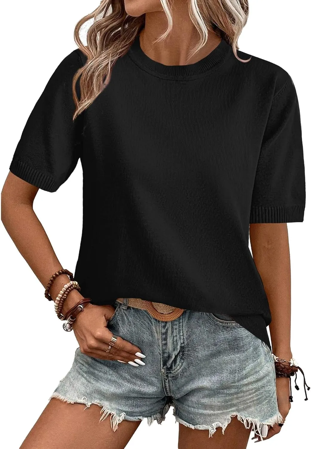 Zeagoo Womens Sweaters Short Sleeve Top Casual Knit Tops