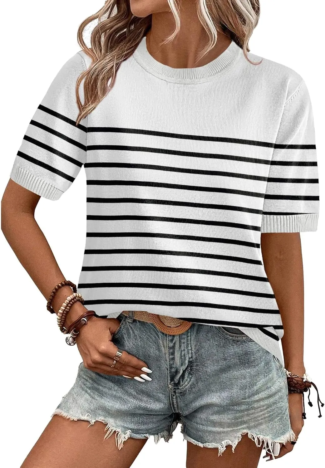 Zeagoo Womens Sweaters Short Sleeve Top Casual Knit Tops