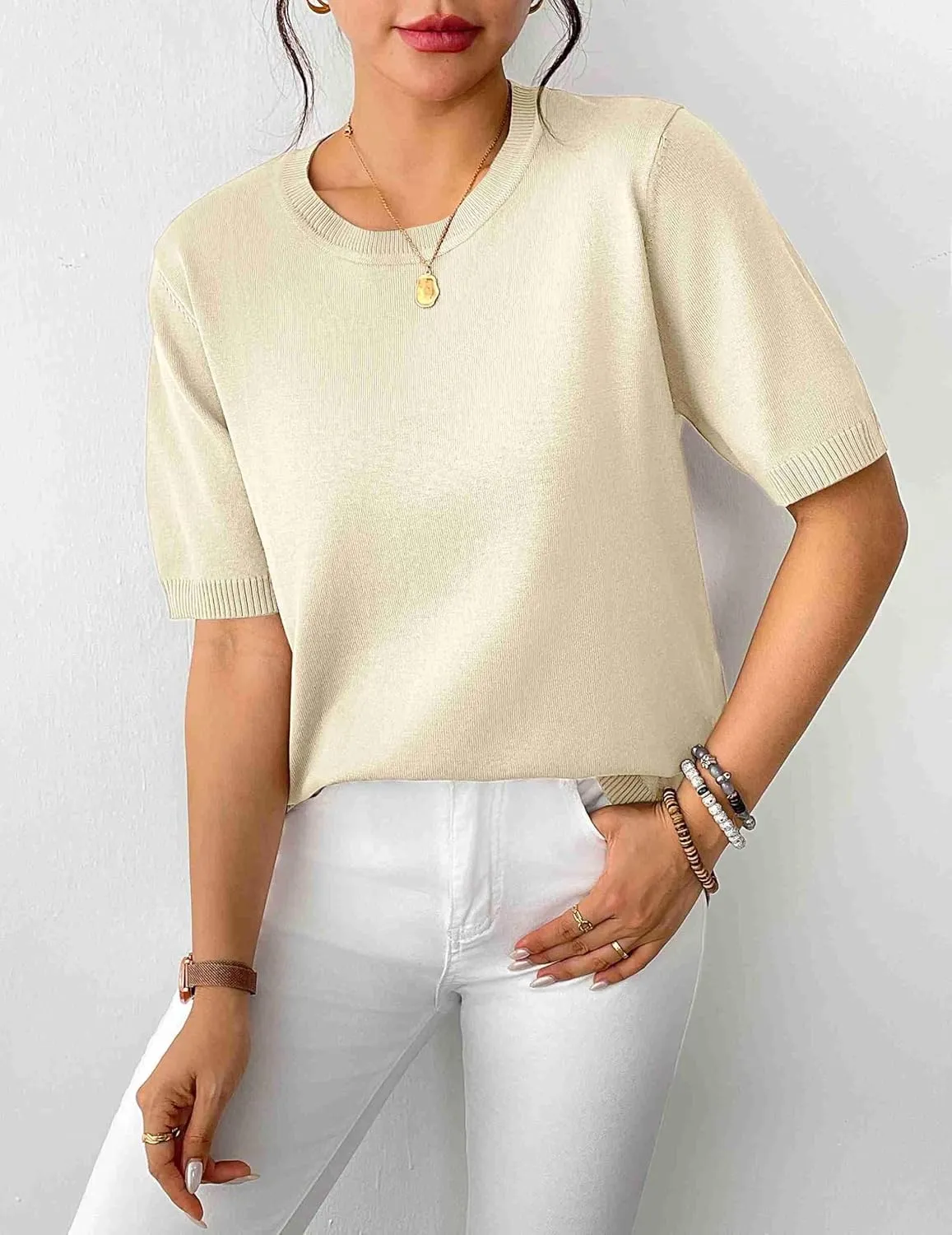 Zeagoo Womens Sweaters Short Sleeve Top Casual Knit Tops