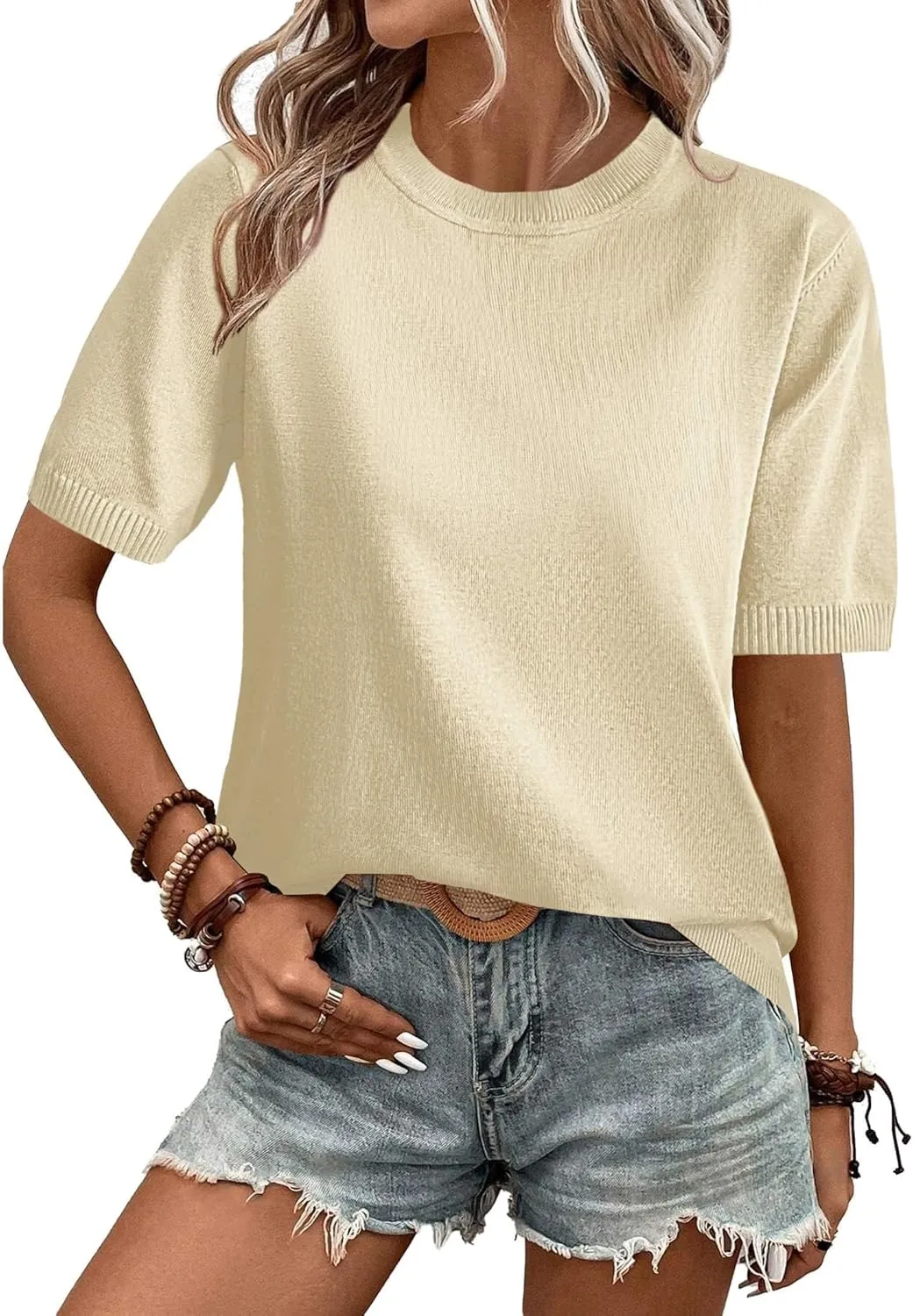 Zeagoo Womens Sweaters Short Sleeve Top Casual Knit Tops