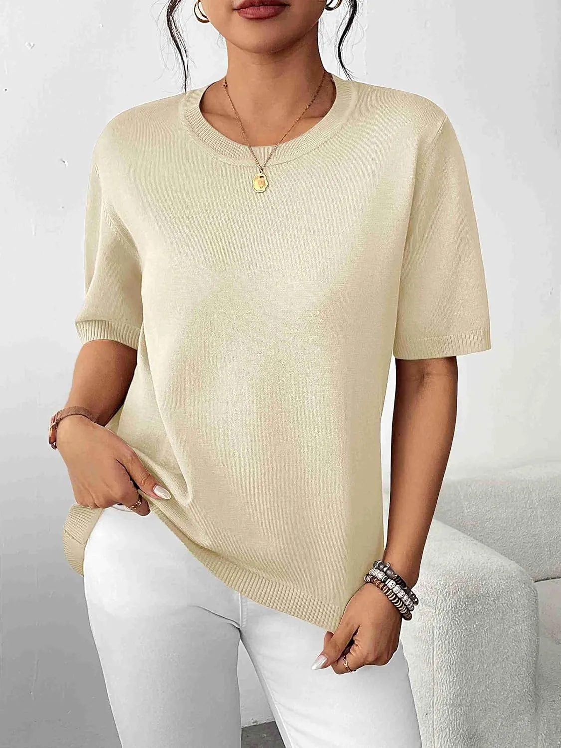 Zeagoo Womens Sweaters Short Sleeve Top Casual Knit Tops